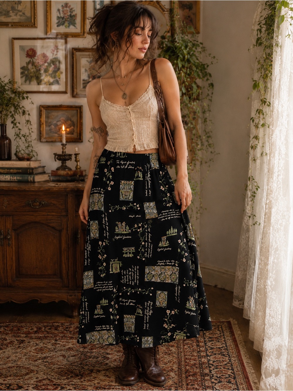 Promises Promises Vintage English Garden Floral Novelty Print Midi Skirt Size 12